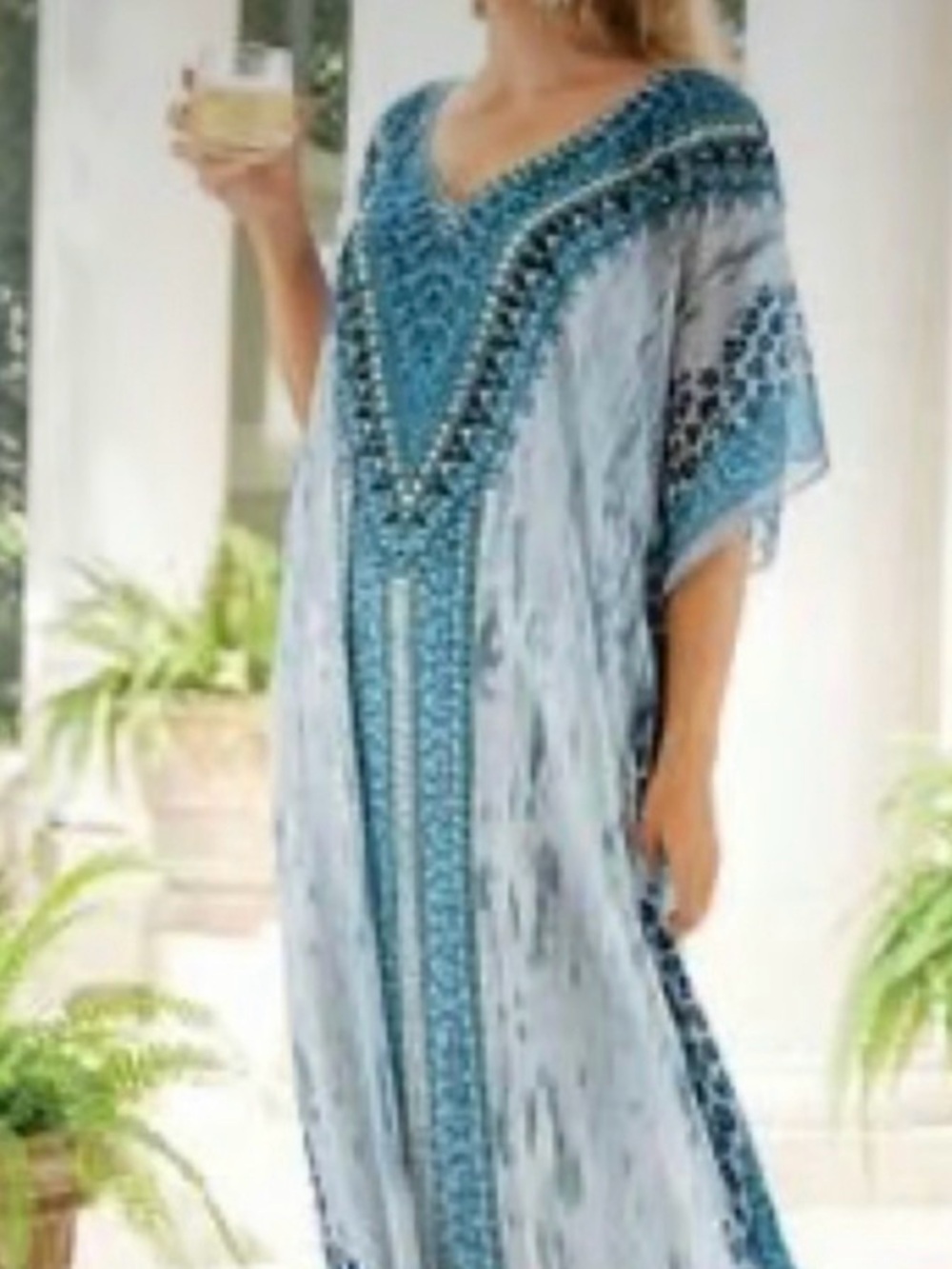 Surroundings Anna Purna blue and white animal print chiffon kaftan dress L/XL